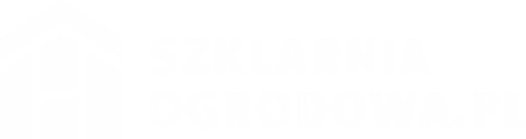 Białe logo z ikoną domu po lewej stronie oraz pogrubionym napisem „SZKLARNIA OGRODOWA.PL” na jasnoszarym tle.