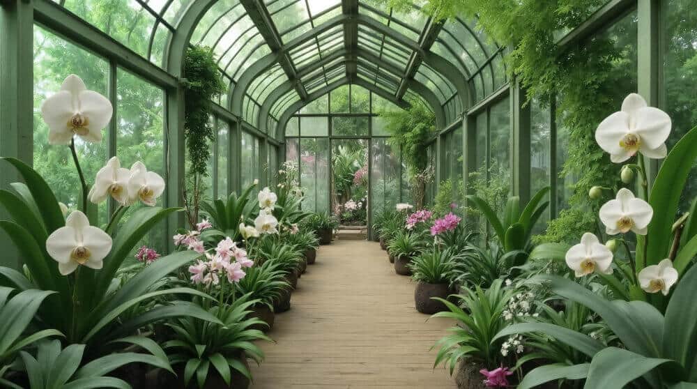 Słoneczna szklarnia z drewnianym pomostem, wzdłuż którego rosną bujne zielone rośliny oraz kwitnące białe i różowe orchidee, otoczona szklanymi ścianami i zakrzywionym szklanym dachem.