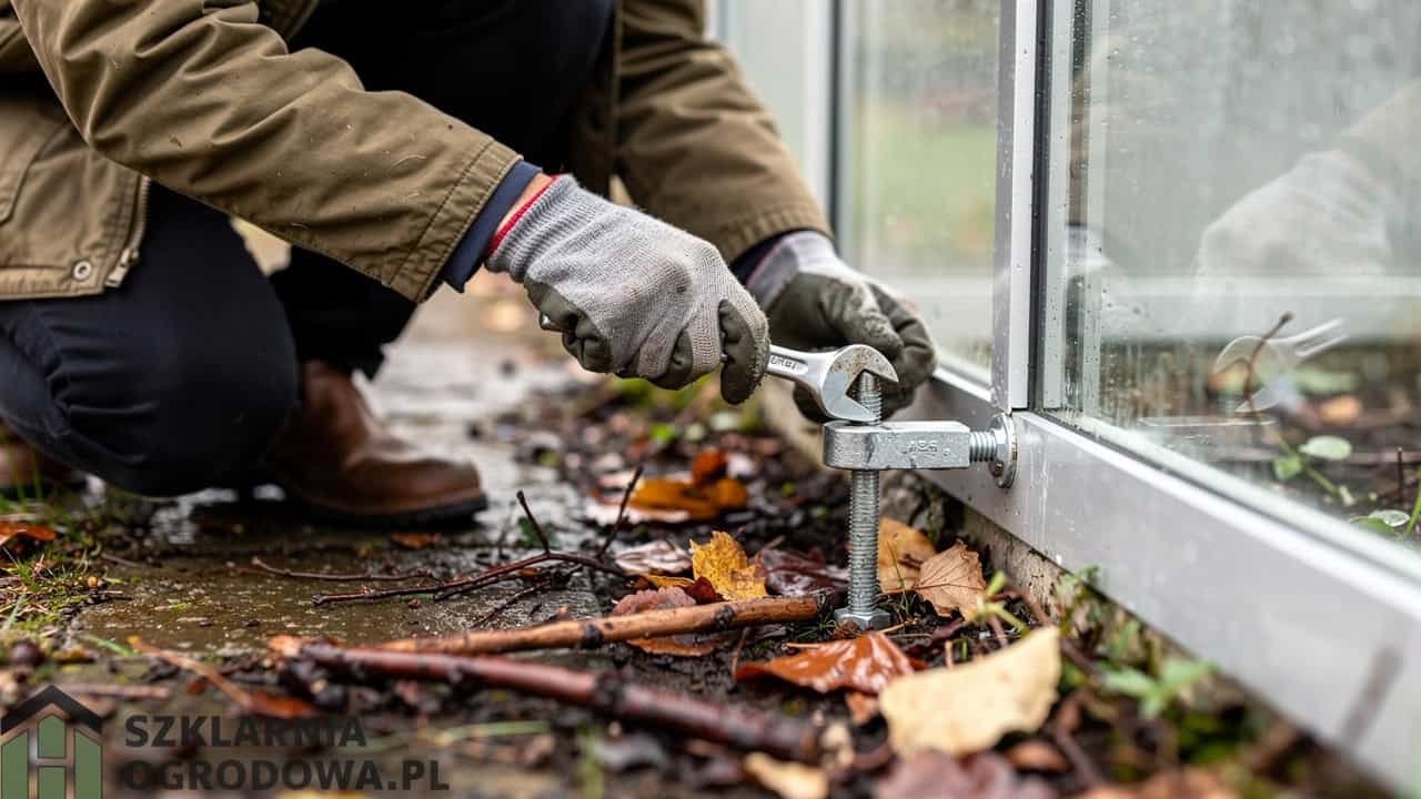 Kontrola śrub i kotew szklarni po silnym wietrze