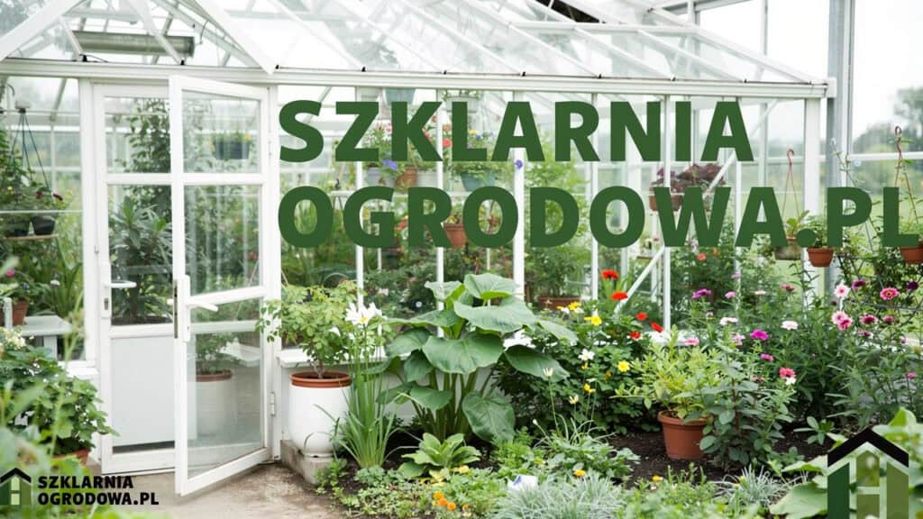 Szklana szklarnia pełna kwitnących kwiatów i zielonych roślin, z dużym napisem „SZKLARNIA OGRODOWA.PL” zajmującym górną połowę zdjęcia.